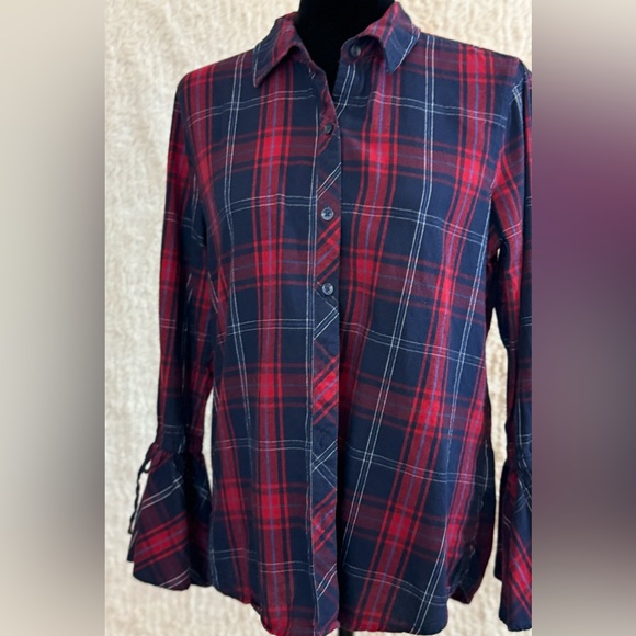 Time and Tru-Red and blue plaid button shirt with bell sleeves, 8-10 - Picture 2 of 6